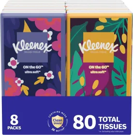 Kleenex On-The-Go Facial Tissues, 8 On-The-Go Packs, 10 Tissues per Box, 3-Ply (80 Total Tissues), Packaging May Vary