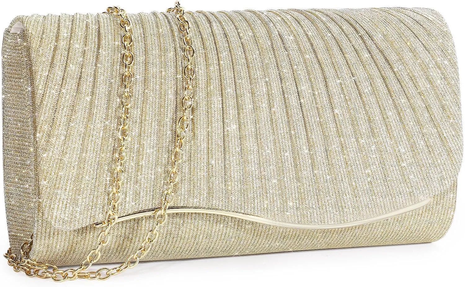 Ladies Pleated Evening Clutches Glitter Envelope Handbag Elegant Small Shoulder Bag for Wedding Party Prom Bridal