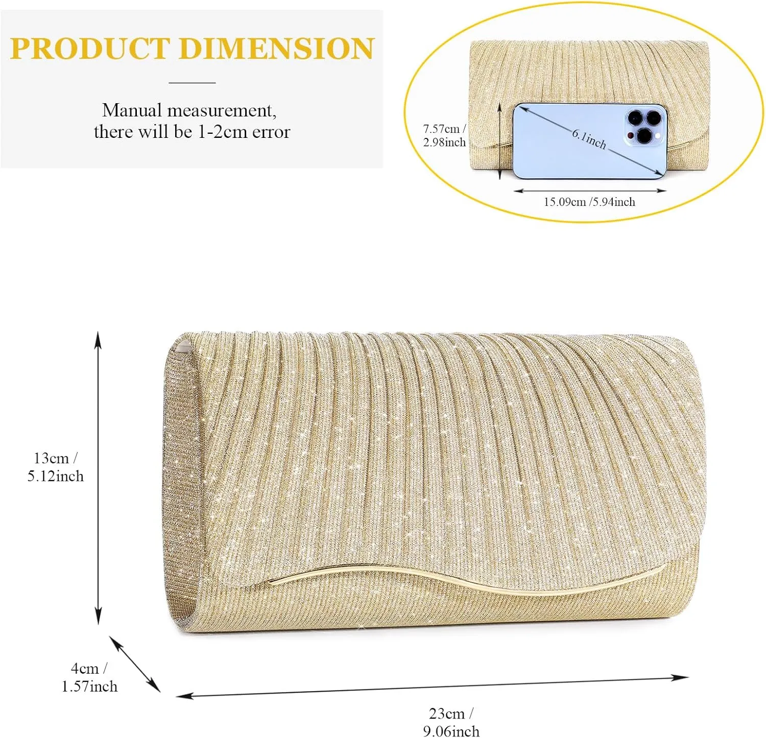 Ladies Pleated Evening Clutches Glitter Envelope Handbag Elegant Small Shoulder Bag for Wedding Party Prom Bridal