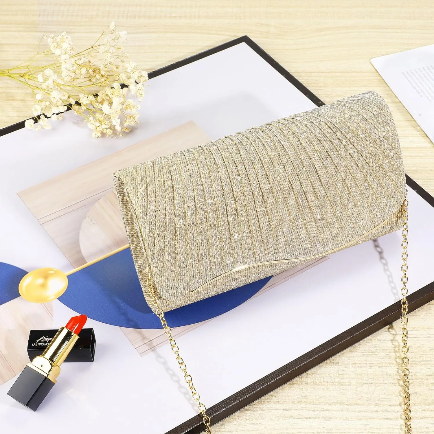 Ladies Pleated Evening Clutches Glitter Envelope Handbag Elegant Small Shoulder Bag for Wedding Party Prom Bridal