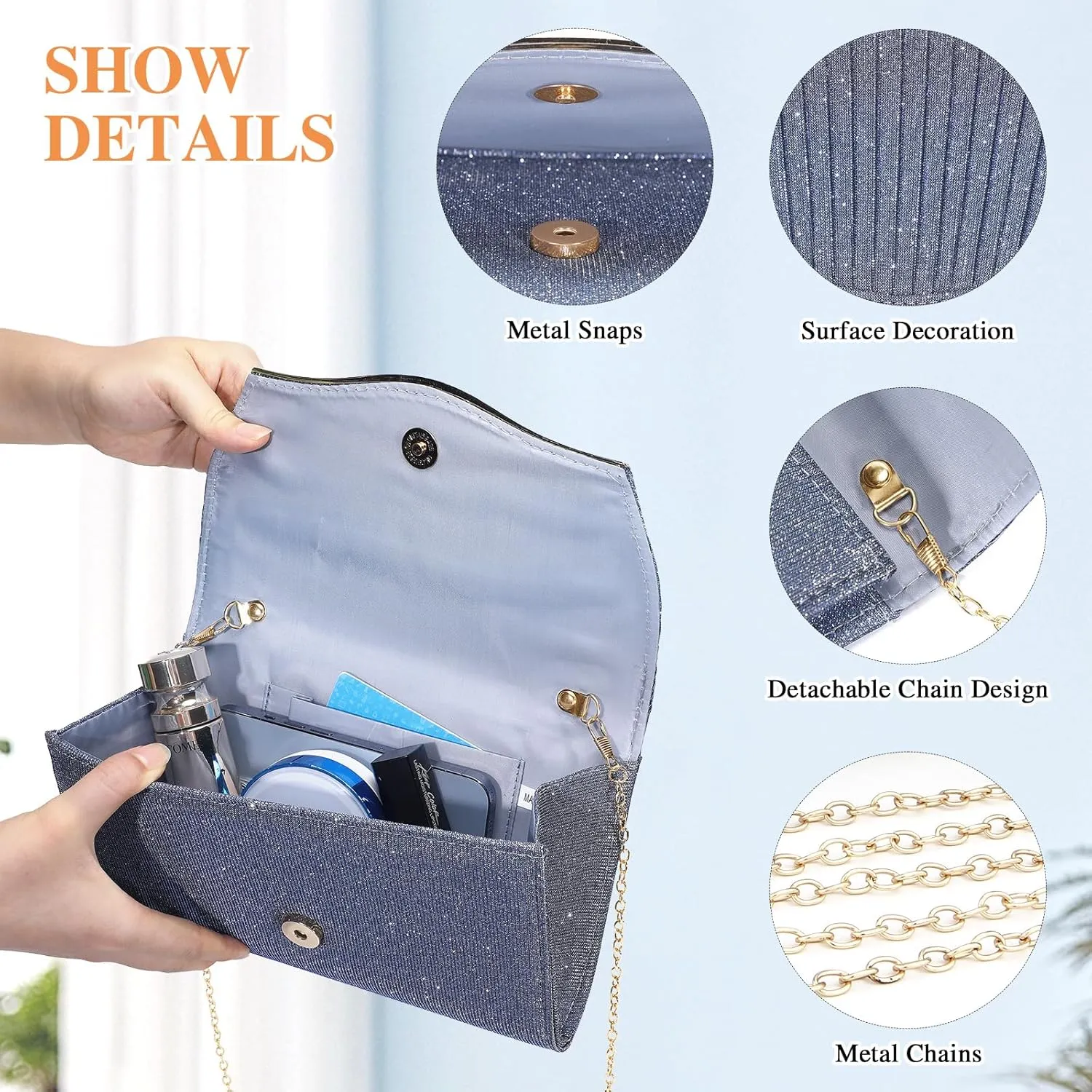 Ladies Pleated Evening Clutches Glitter Envelope Handbag Elegant Small Shoulder Bag for Wedding Party Prom Bridal