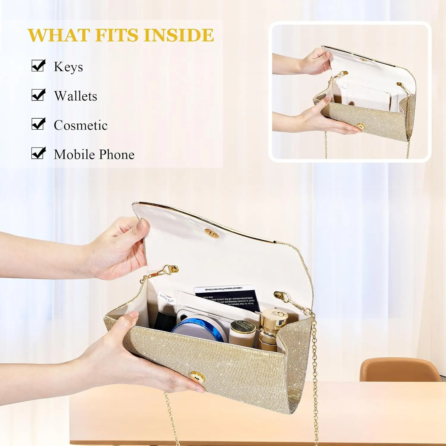 Ladies Pleated Evening Clutches Glitter Envelope Handbag Elegant Small Shoulder Bag for Wedding Party Prom Bridal