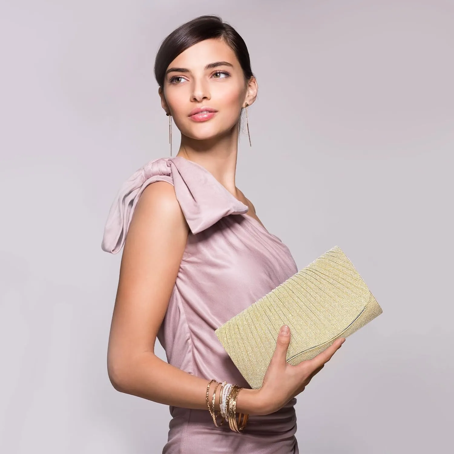 Ladies Pleated Evening Clutches Glitter Envelope Handbag Elegant Small Shoulder Bag for Wedding Party Prom Bridal