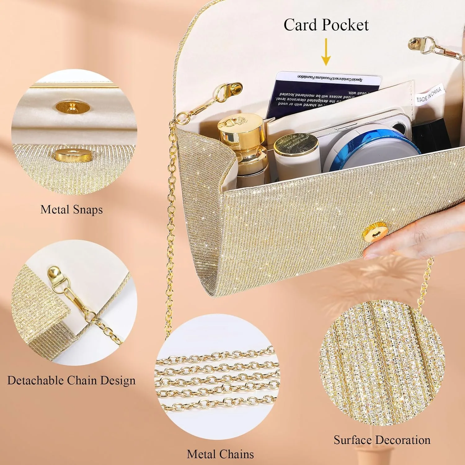 Ladies Pleated Evening Clutches Glitter Envelope Handbag Elegant Small Shoulder Bag for Wedding Party Prom Bridal