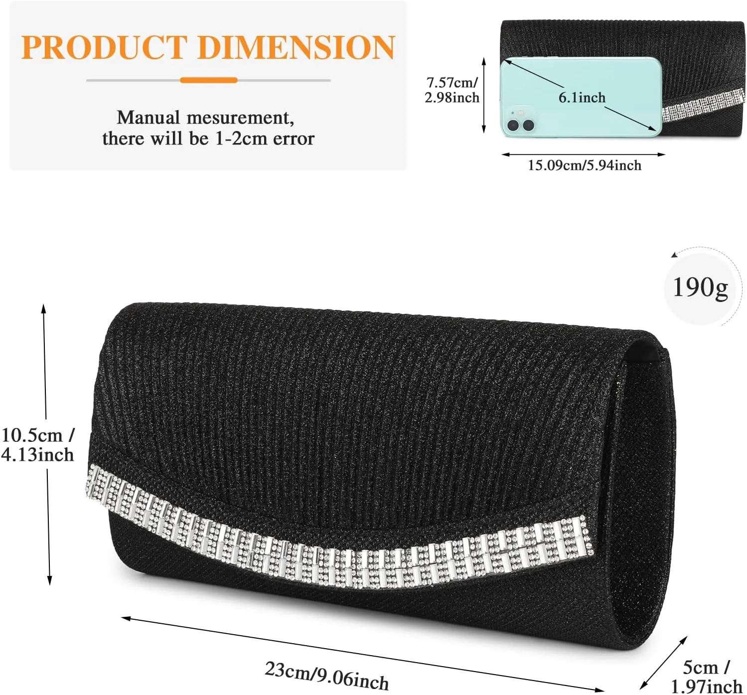 Ladies Pleated Evening Clutches Glitter Envelope Handbag Elegant Small Shoulder Bag for Wedding Party Prom Bridal