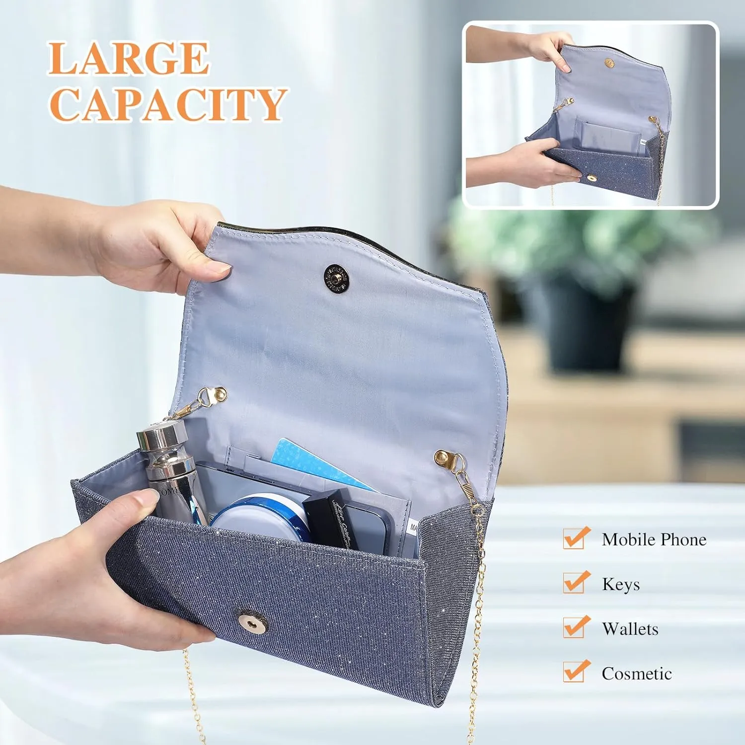 Ladies Pleated Evening Clutches Glitter Envelope Handbag Elegant Small Shoulder Bag for Wedding Party Prom Bridal