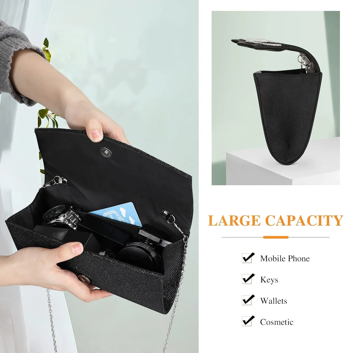 Ladies Pleated Evening Clutches Glitter Envelope Handbag Elegant Small Shoulder Bag for Wedding Party Prom Bridal