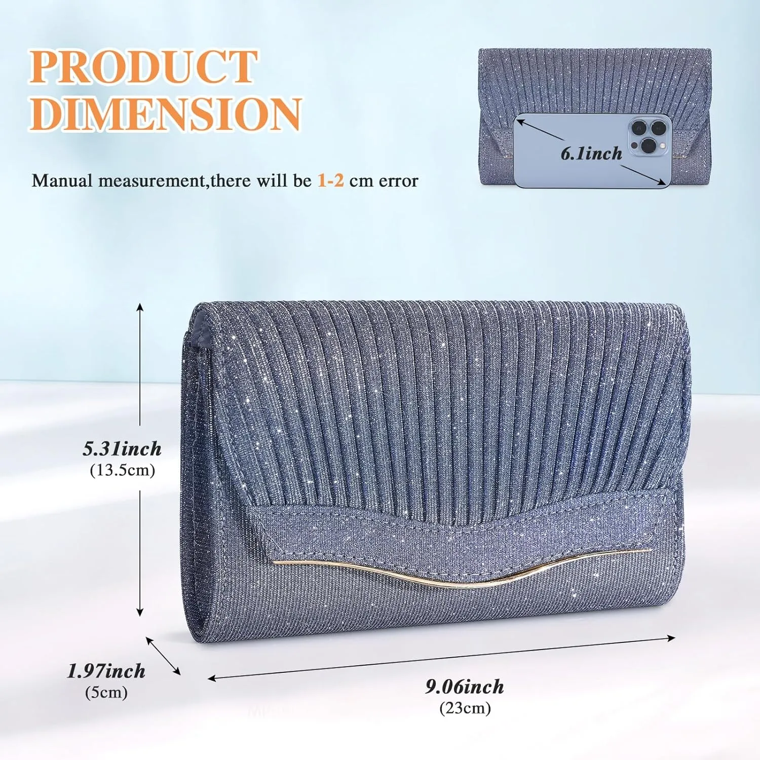 Ladies Pleated Evening Clutches Glitter Envelope Handbag Elegant Small Shoulder Bag for Wedding Party Prom Bridal