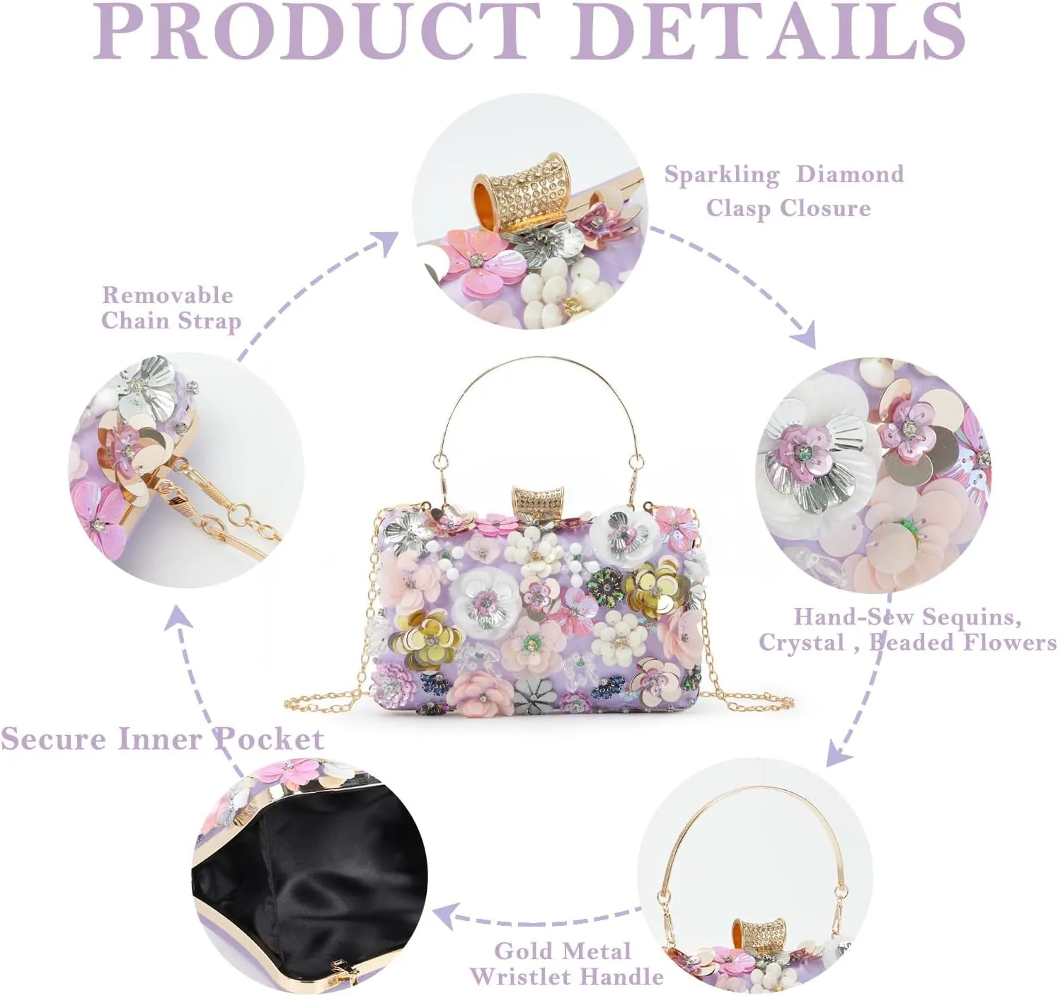 Lanpet Women Clutches Flower Evening Handbag Chain Strap Shoulder Bag