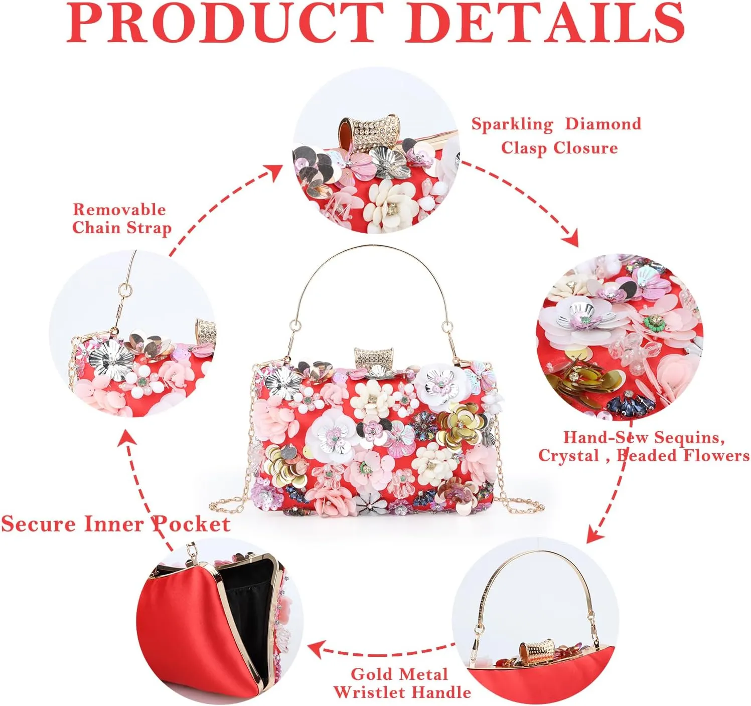 Lanpet Women Clutches Flower Evening Handbag Chain Strap Shoulder Bag