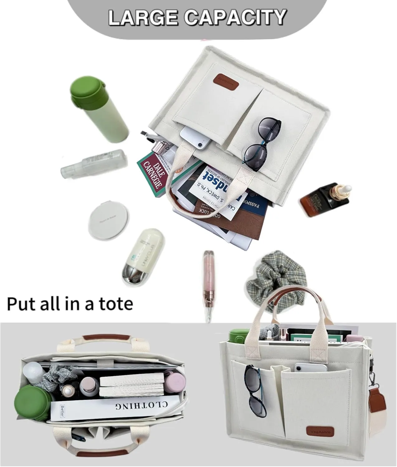 Large Canvas Tote Bag for Women Work Tote Bags with Pockets Laptop Crossbody Purses Everyday Bag Handbags for Travel