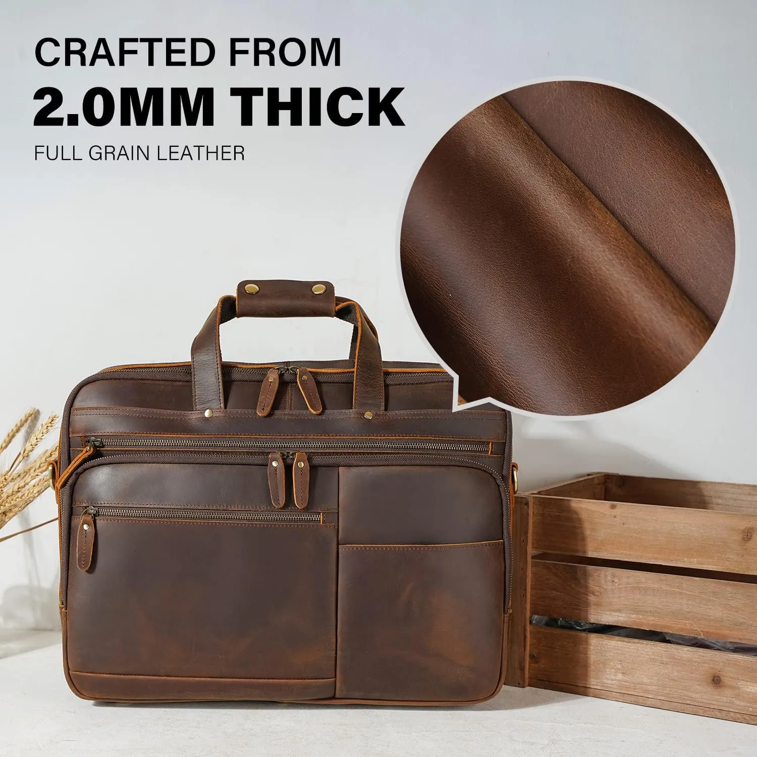Large Leather Business Briefcase for Men 18" Full Grain Leather Laptop Case Messenger Bag Fits 17.3" Laptop Dark Brown