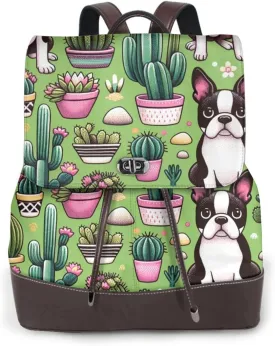 Leather Backpack Purse For Women Boston-Terrier-Cactus-Cute Fashionable Multi-Functional Large Capacity Backpack For Daily Use, Travel, And Business