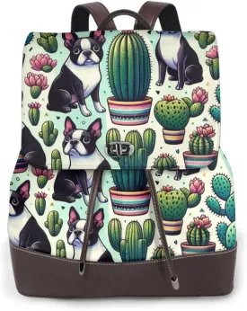 Leather Backpack Purse For Women Boston-Terrier-Cactus Fashionable Multi-Functional Large Capacity Backpack For Daily Use, Travel, And Business