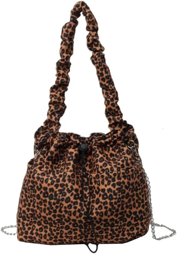 Leopard Print Drawstring Bucket Bag Cheetah Print Canvas Hobo Shoulder Bag Top Handle Leopard Handbag with Chain