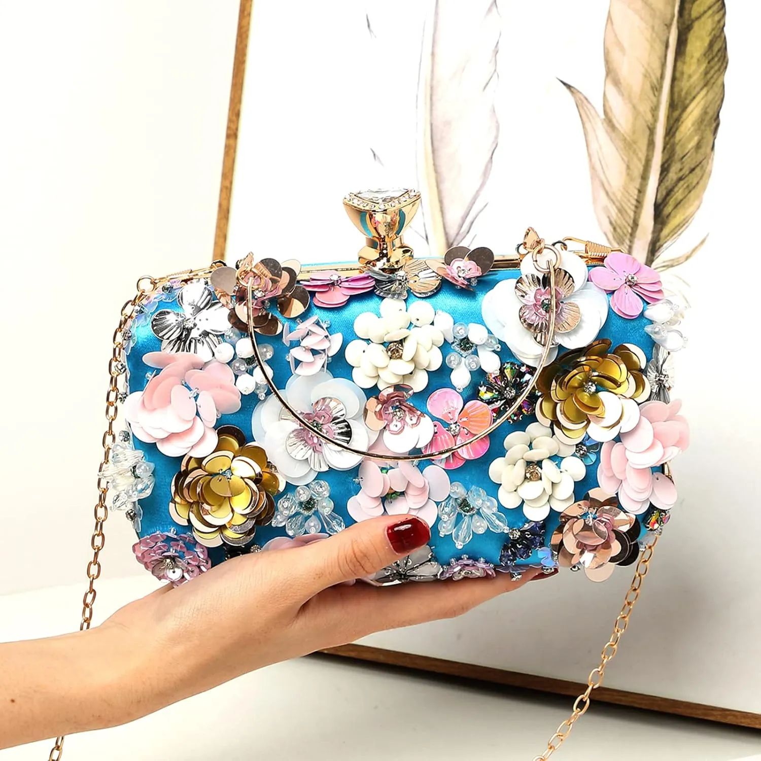 LETODE Flower Clutch Purse Evening Bag for Women Formal Party Handbag Chain Strap Shoulder Bag