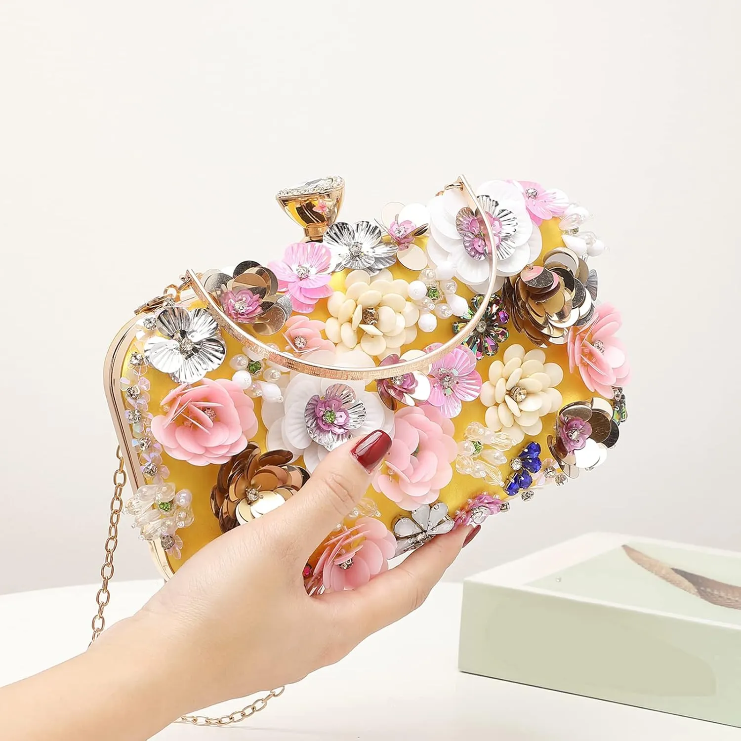 LETODE Flower Clutch Purse Evening Bag for Women Formal Party Handbag Chain Strap Shoulder Bag