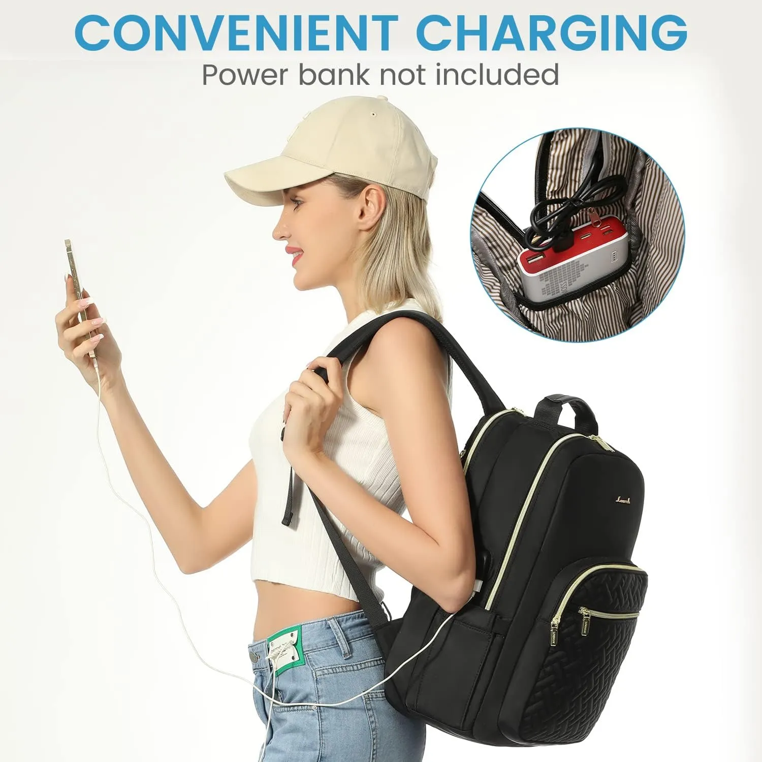 LOVEVOOK Laptop Backpack for Women, Stylish Quilted Backpacks Purse for Business Work Travel, Computer Bags Bag, with USB Port fits 15.6-inch Laptop, Black