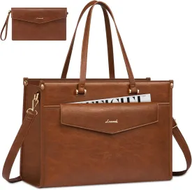LOVEVOOK Laptop Bag for Women, 15.6 inch Vintage Leather Tote Bag Professional Work Purse for Women, Office Computer Briefcase with Clutch Purse, Business Handbag Shoulder Bag 2PCs