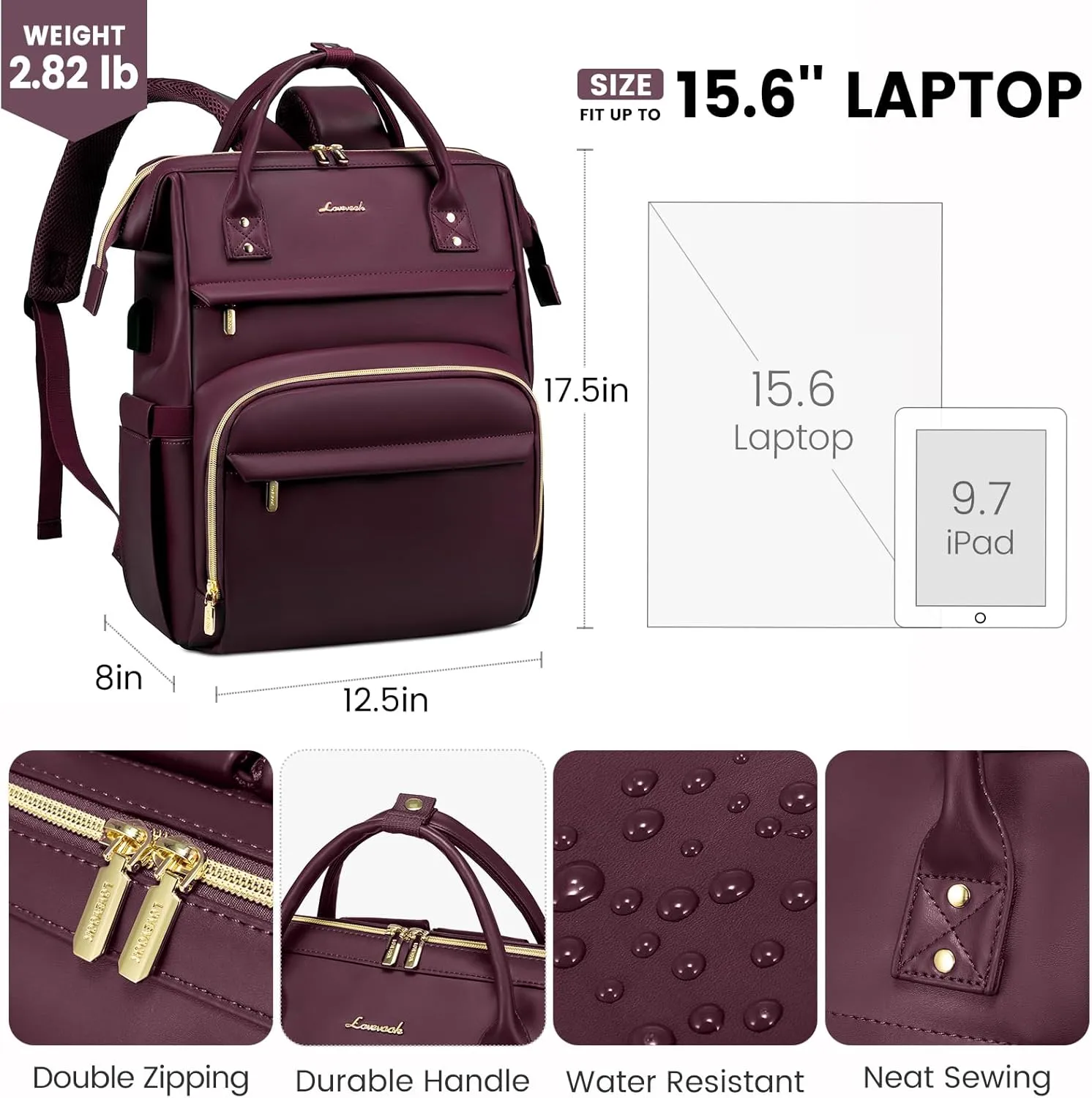 LOVEVOOK Leather Laptop Backpack for Women 17 Inch, Travel Purse for Nurse Teacher, Computer Bag, Professional College Business Work Carry-On With USB Port, Wine Red