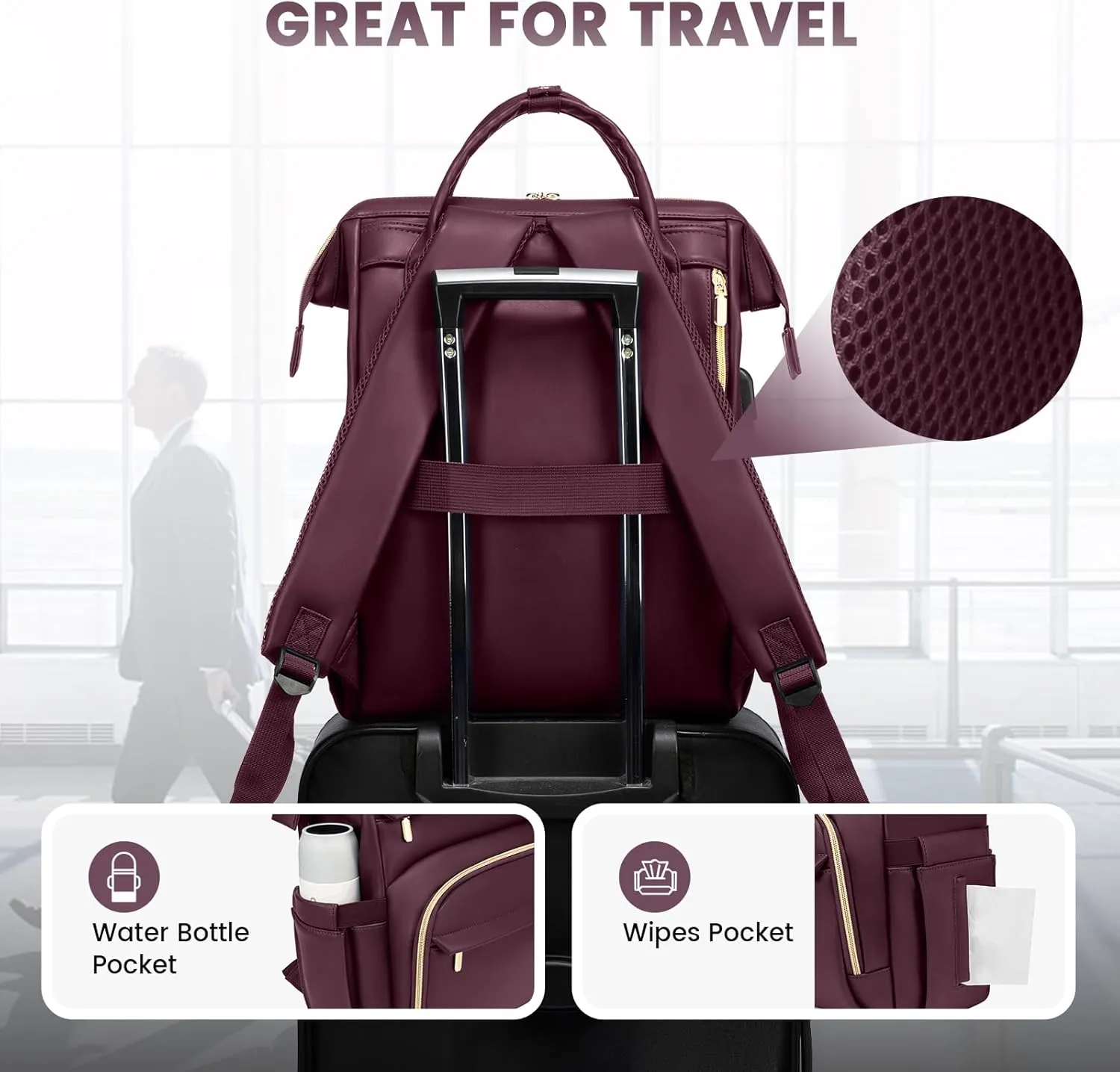 LOVEVOOK Leather Laptop Backpack for Women 17 Inch, Travel Purse for Nurse Teacher, Computer Bag, Professional College Business Work Carry-On With USB Port, Wine Red