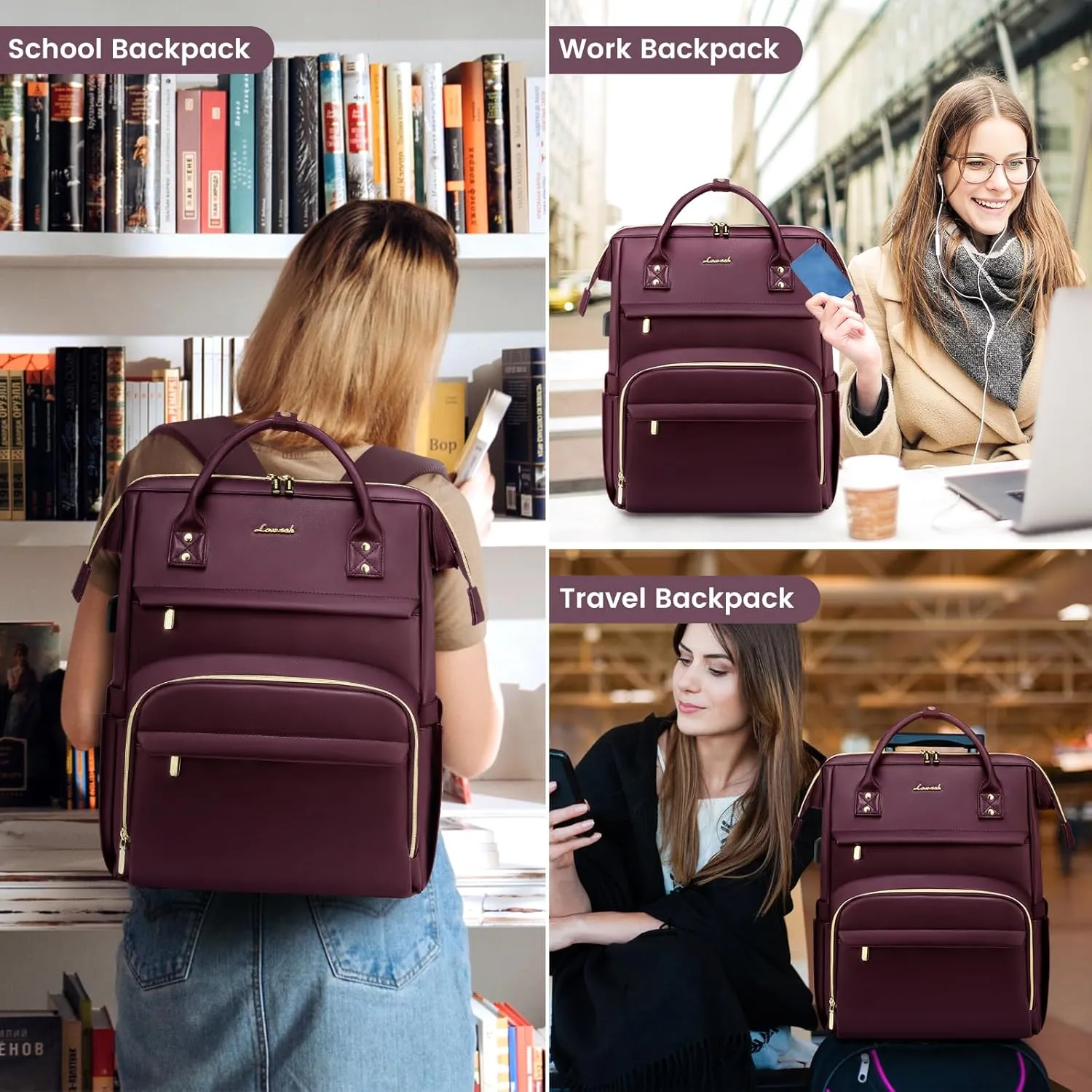 LOVEVOOK Leather Laptop Backpack for Women 17 Inch, Travel Purse for Nurse Teacher, Computer Bag, Professional College Business Work Carry-On With USB Port, Wine Red