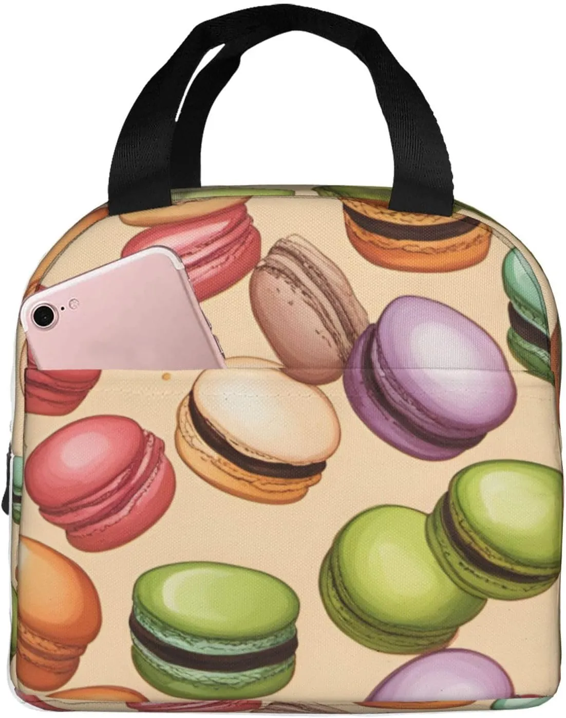 Macaron Biscuit Flavored Print Adults Insulated Lunch Bag Keeps Food Hot/Cold For Hours, Men And Women Tote Bag, Black, MC700