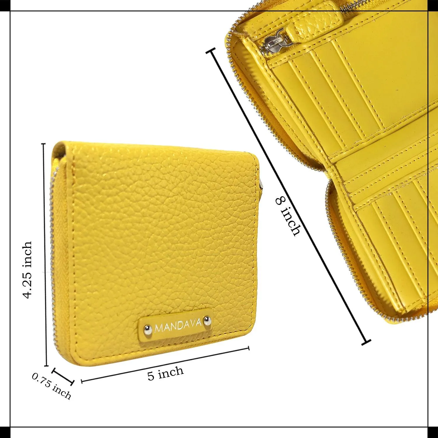 MANDAVA Women's Small Bifold PU Leather Wallet | Ladies Slim Compact Card Holder Organizer Zipper Coin Purse (Yellow)
