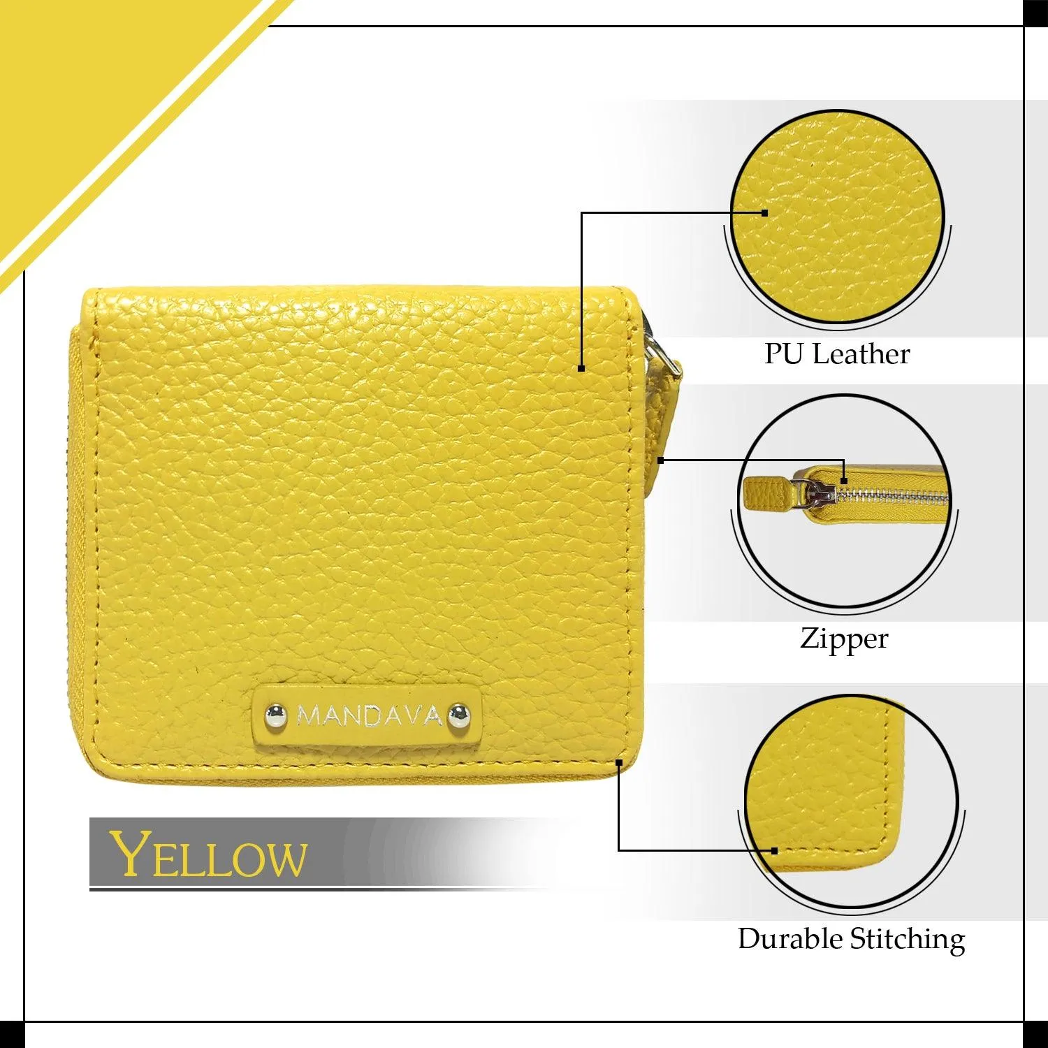 MANDAVA Women's Small Bifold PU Leather Wallet | Ladies Slim Compact Card Holder Organizer Zipper Coin Purse (Yellow)