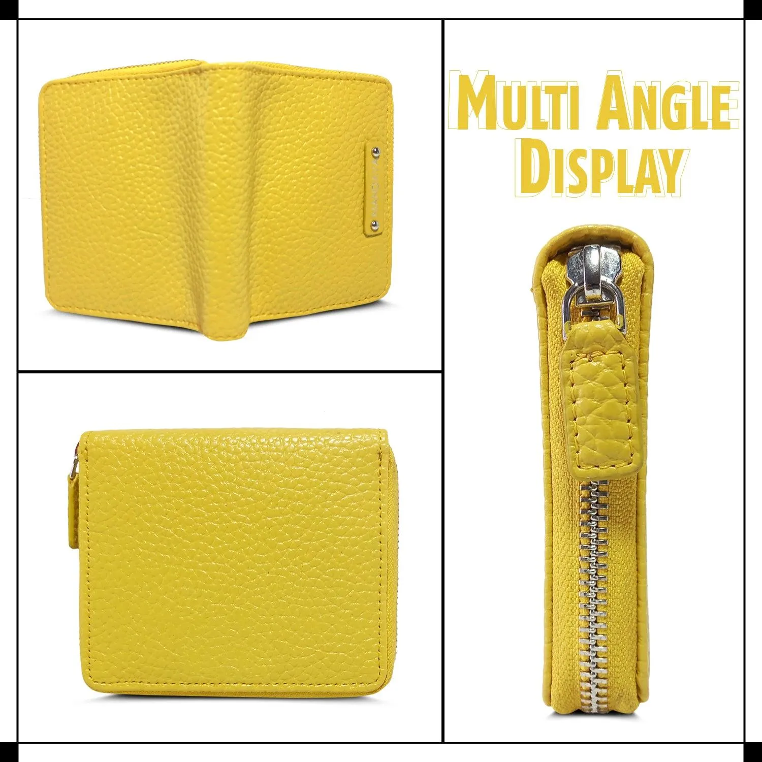 MANDAVA Women's Small Bifold PU Leather Wallet | Ladies Slim Compact Card Holder Organizer Zipper Coin Purse (Yellow)