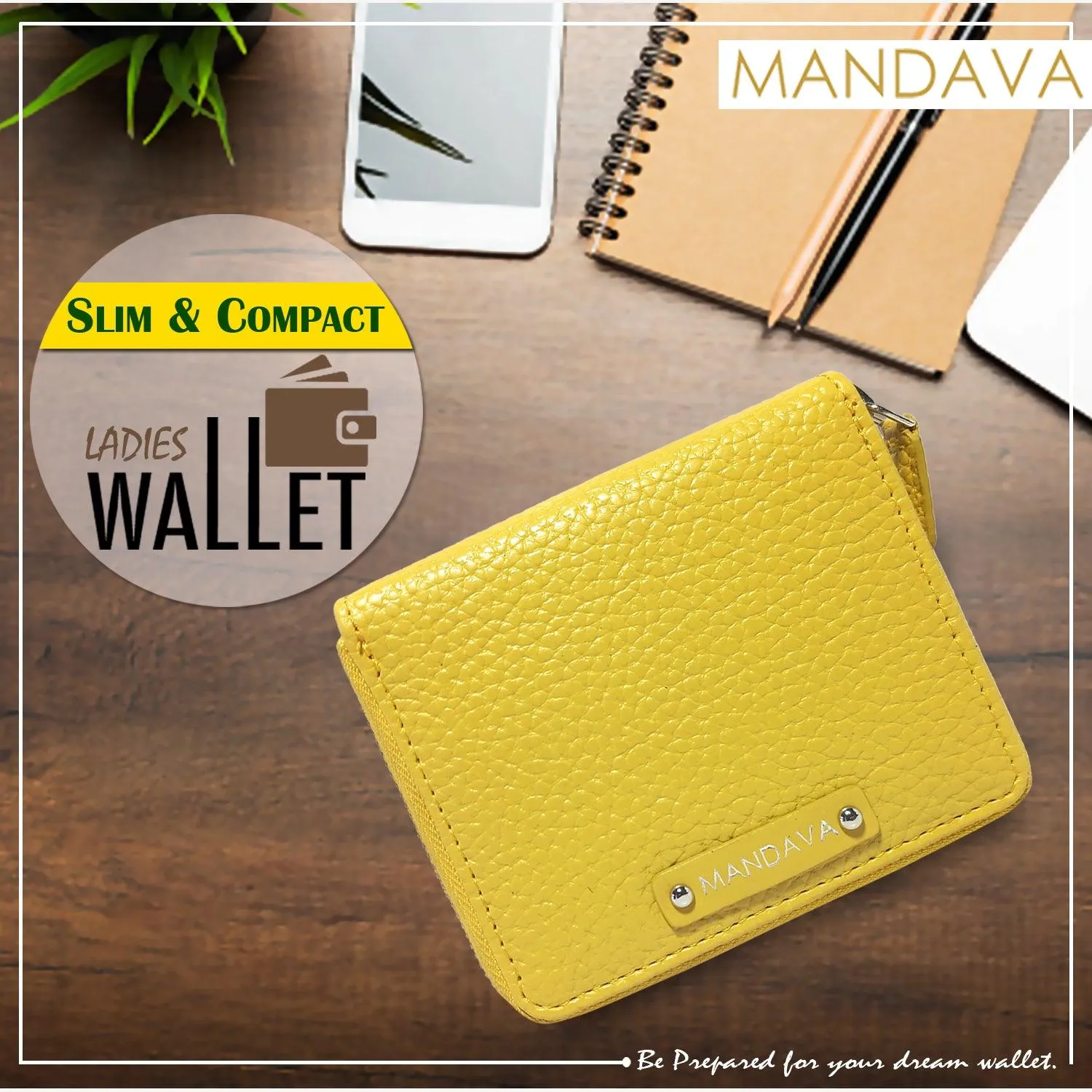 MANDAVA Women's Small Bifold PU Leather Wallet | Ladies Slim Compact Card Holder Organizer Zipper Coin Purse (Yellow)