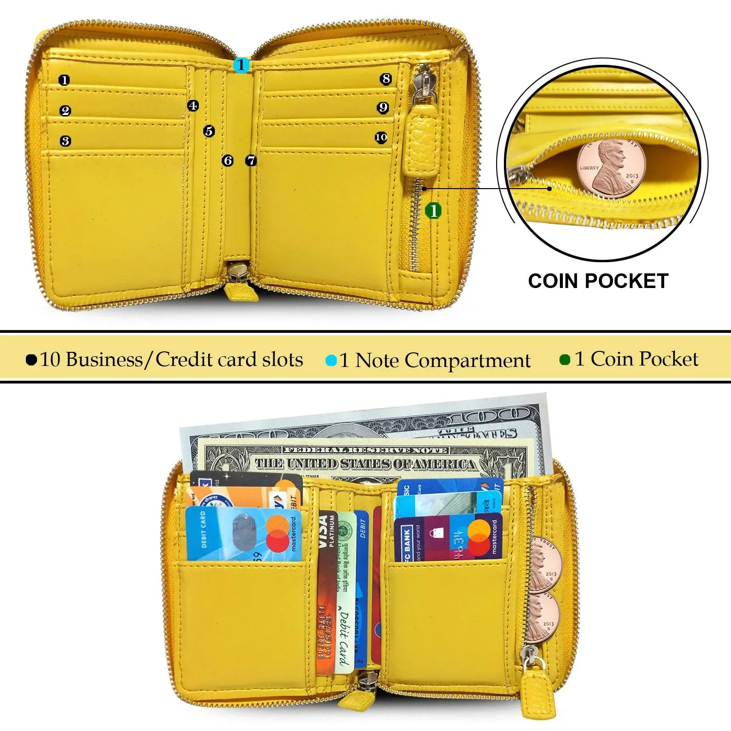 MANDAVA Women's Small Bifold PU Leather Wallet | Ladies Slim Compact Card Holder Organizer Zipper Coin Purse (Yellow)