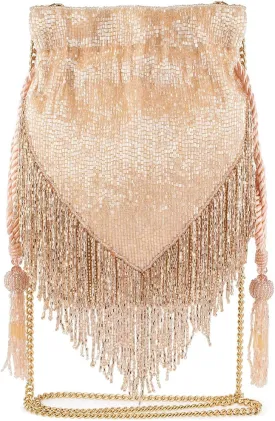 Mary Frances Boho Chic Beaded Drawstring Handbag with Fringe and Tassel Champagne Statement Evening Purse with Removable Strap, Pink