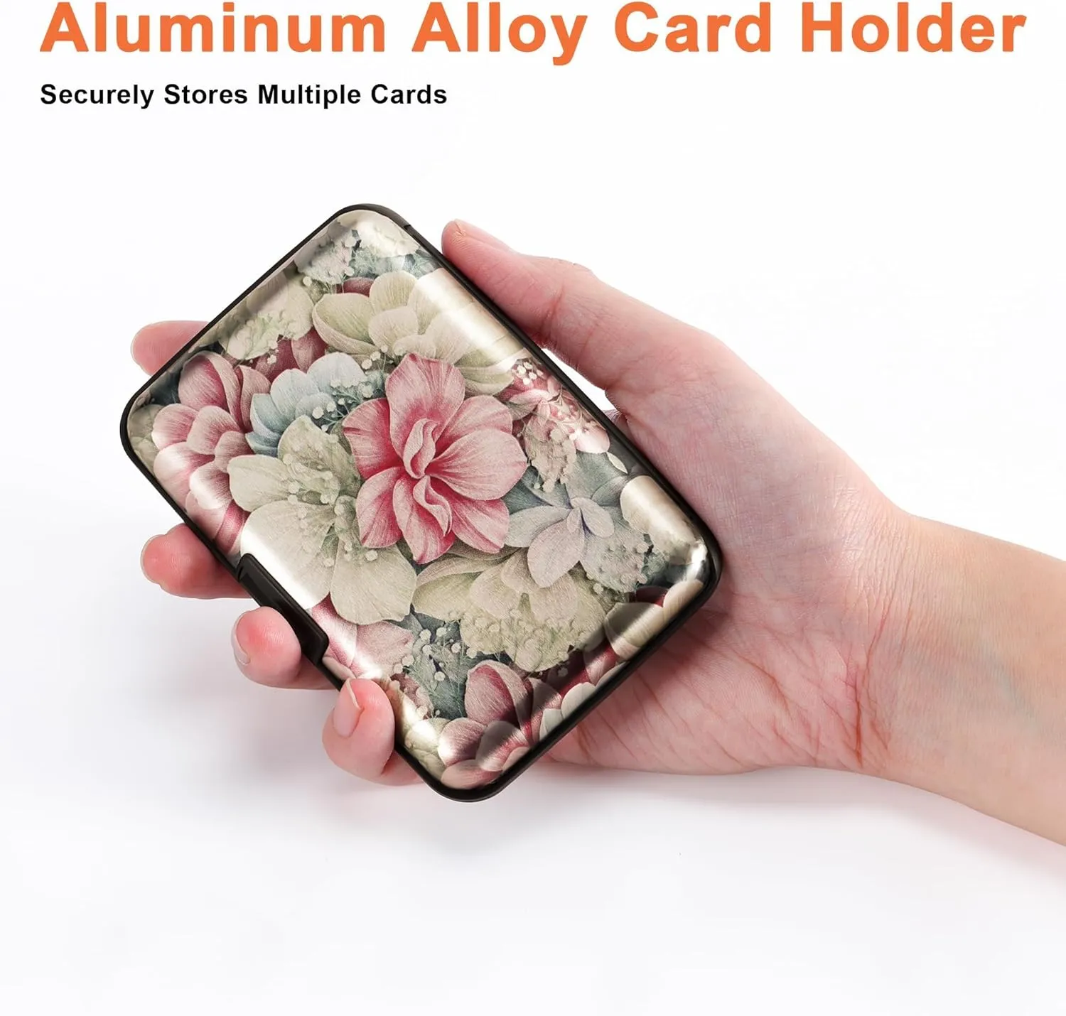Mayski Credit Card Holder, RFID Blocking, Aluminum Alloy Hard Case, Small Mini Business Metal Wallet for Women Men, Happy Flower