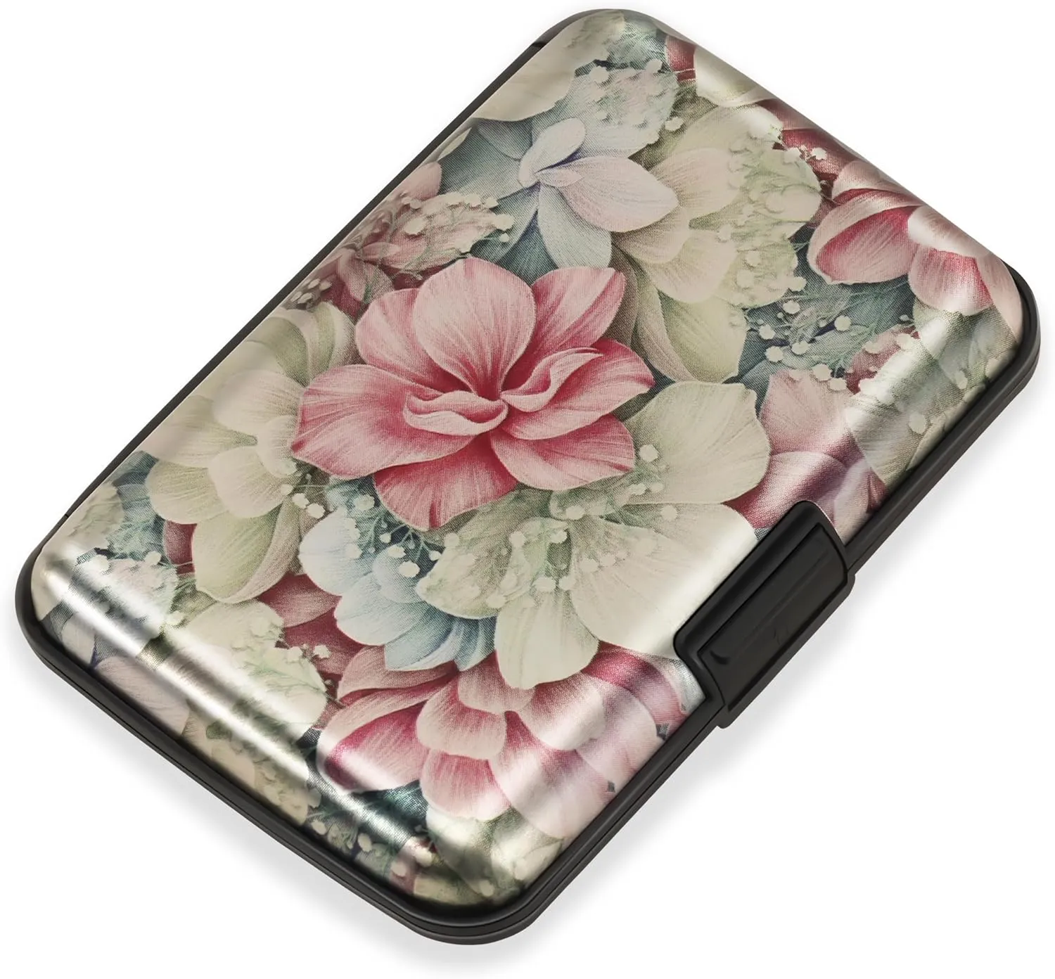 Mayski Credit Card Holder, RFID Blocking, Aluminum Alloy Hard Case, Small Mini Business Metal Wallet for Women Men, Happy Flower