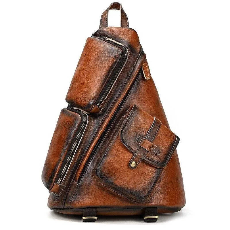 Mens Genuine Leather Single Shoulder Backpack Anti-Theft