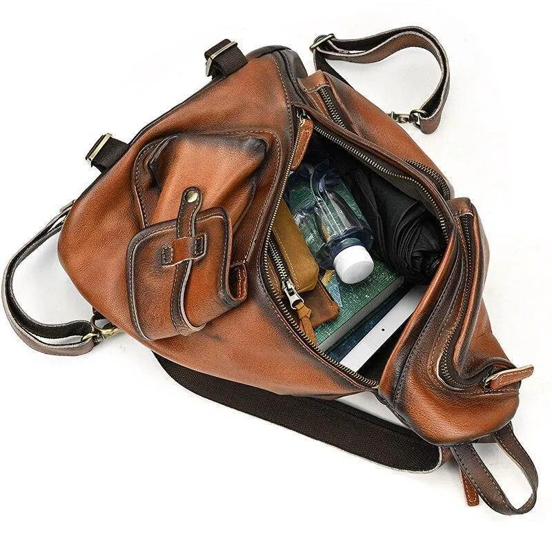 Mens Genuine Leather Single Shoulder Backpack Anti-Theft