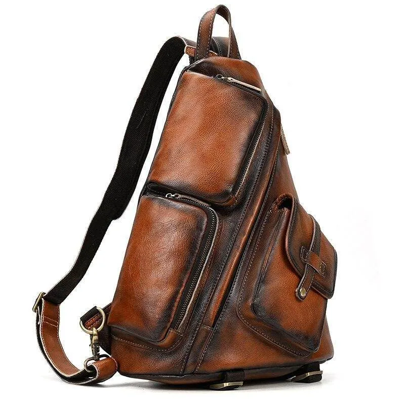 Mens Genuine Leather Single Shoulder Backpack Anti-Theft