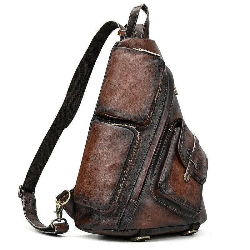 Mens Genuine Leather Single Shoulder Backpack Anti-Theft