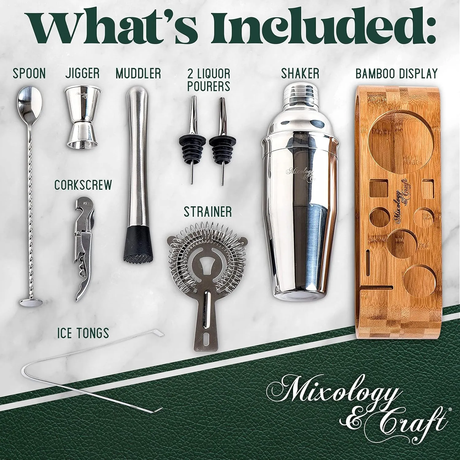 Mixology Bartender Kit: 10-Piece Bar Tool Set with Bamboo Stand | Perfect Home Bartending Kit and Martini Cocktail Shaker Set for a Perfect Drink Mixing Experience | Fun Housewarming Gift (Silver)