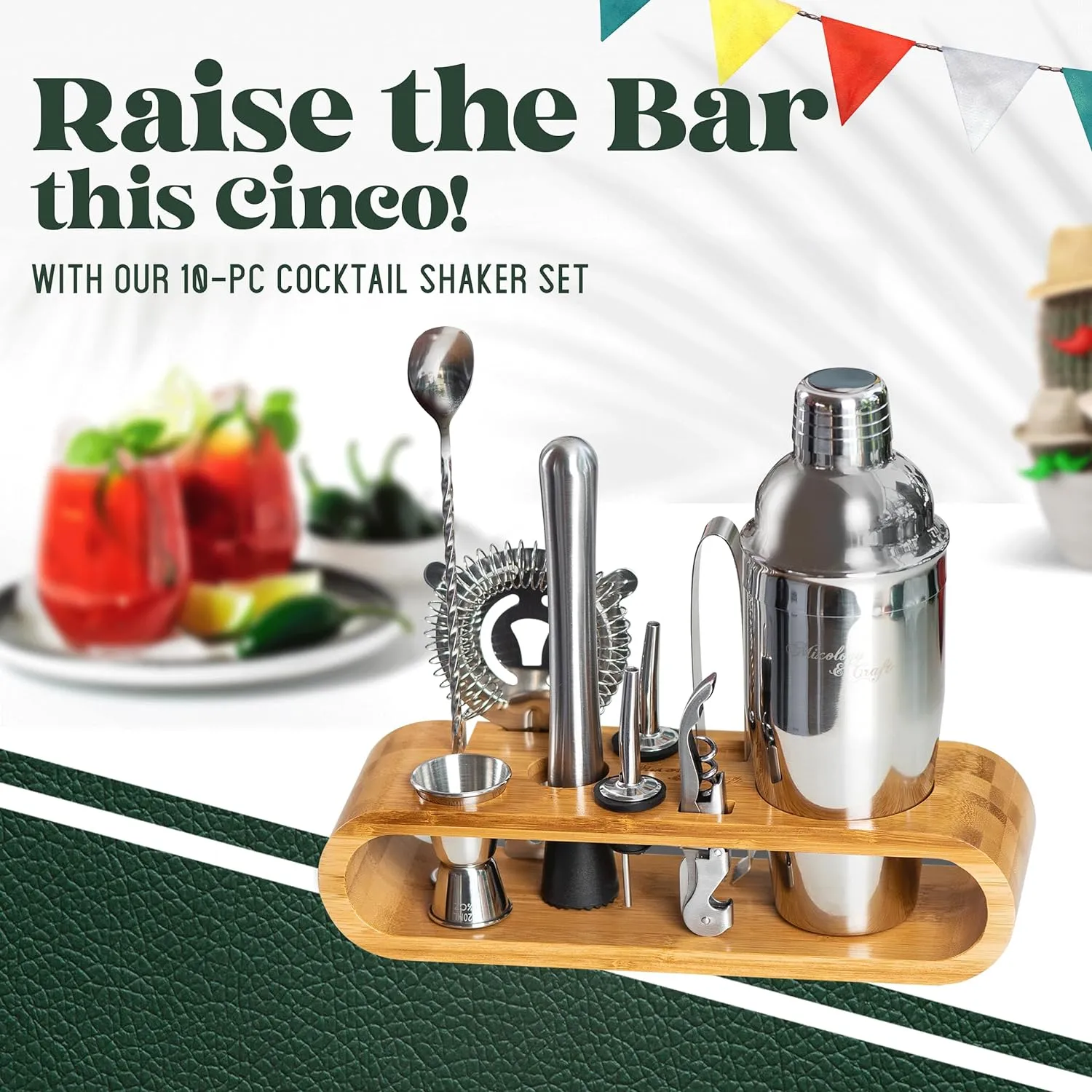 Mixology Bartender Kit: 10-Piece Bar Tool Set with Bamboo Stand | Perfect Home Bartending Kit and Martini Cocktail Shaker Set for a Perfect Drink Mixing Experience | Fun Housewarming Gift (Silver)