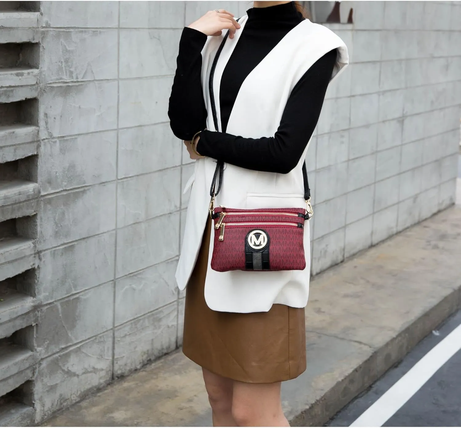 MKF Crossbody Bag for Women, Wristlet Strap  PU Leather Shoulder Handbag  Small Pocketbook Messenger Purse Black