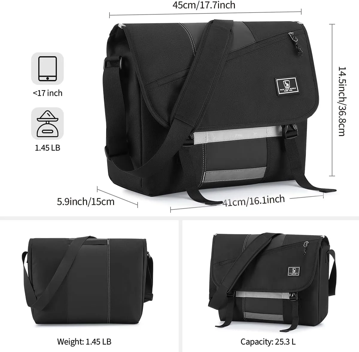 OIWAS Messenger Bag for Women, 17 Inch Laptop Crossbody Bags Men Casual Satchel Shoulder Bag College Travel Office Briefcase (Black, 17 inch)