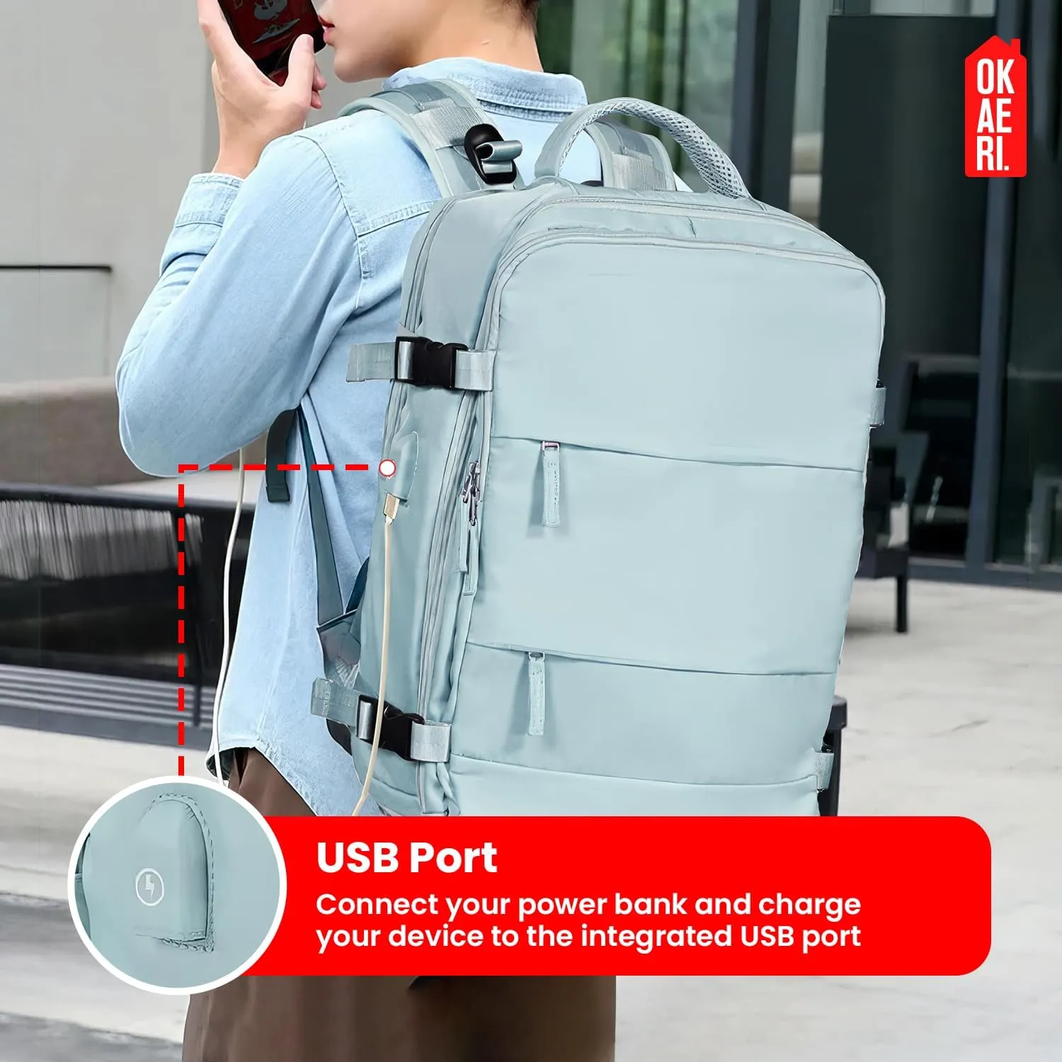 OKAERI. Extra Large Travel Backpack Women Men Carry On Luggage Waterproof Sport Rucksack Casual Daypack Essential Laptop (GREY)