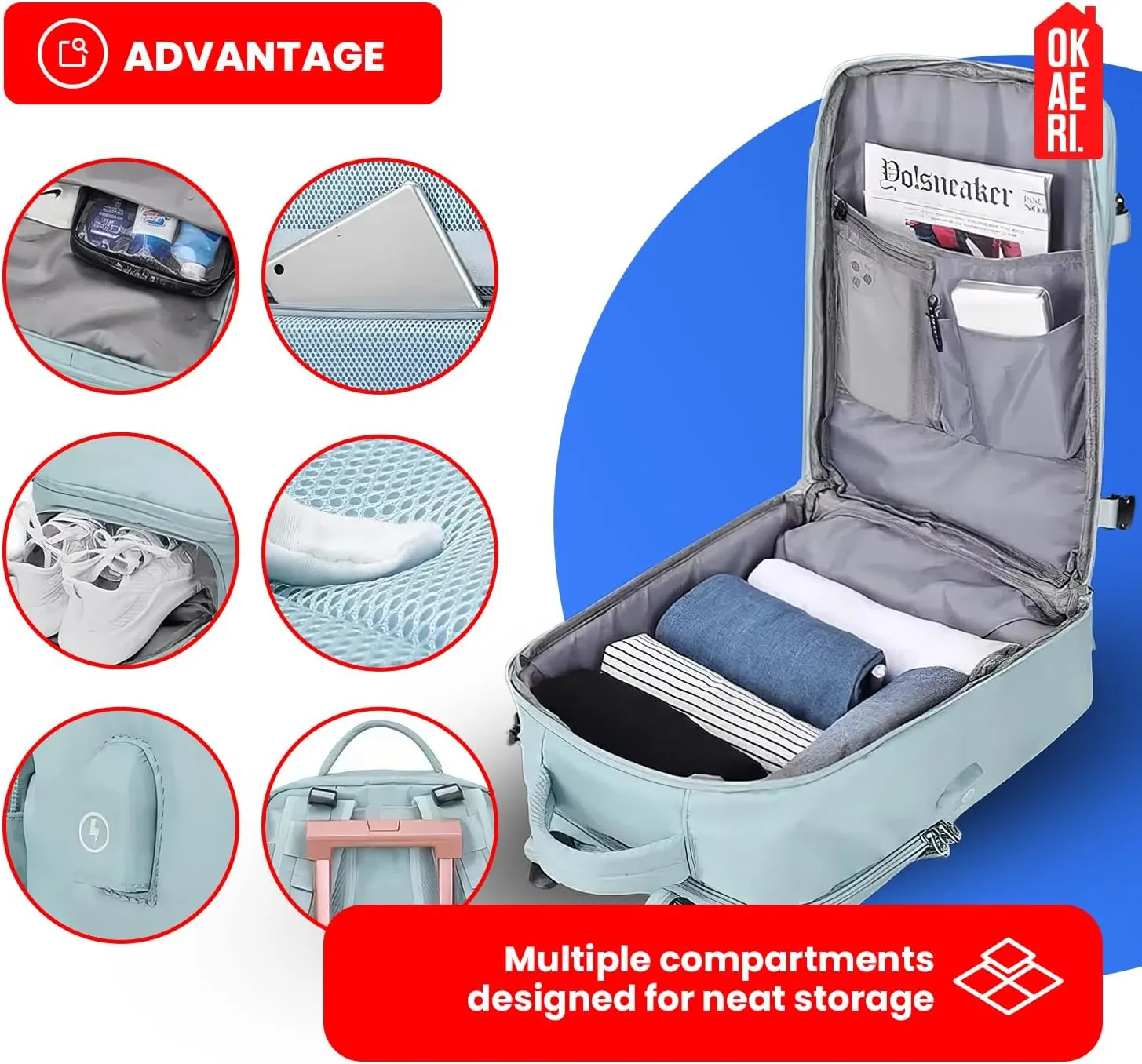 OKAERI. Extra Large Travel Backpack Women Men Carry On Luggage Waterproof Sport Rucksack Casual Daypack Essential Laptop (GREY)