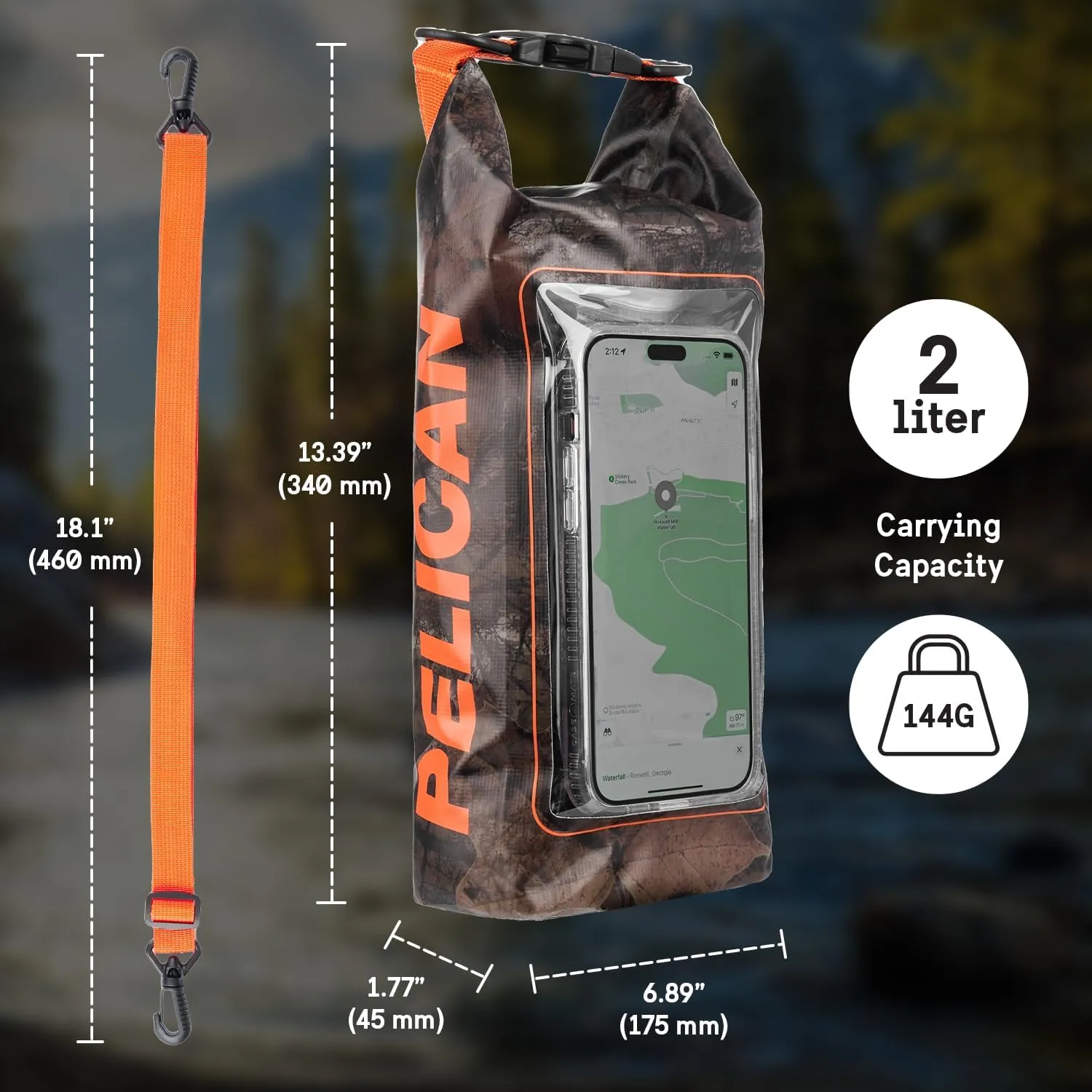 Pelican Marine IP68 Waterproof Dry Bag 2L - Roll Top Waterproof Backpack w/Phone Case/Pouch - Boating & Kayak Accessories - Essentials for Camping Swimming Beach Fishing Rafting Travel - Hunter Camo