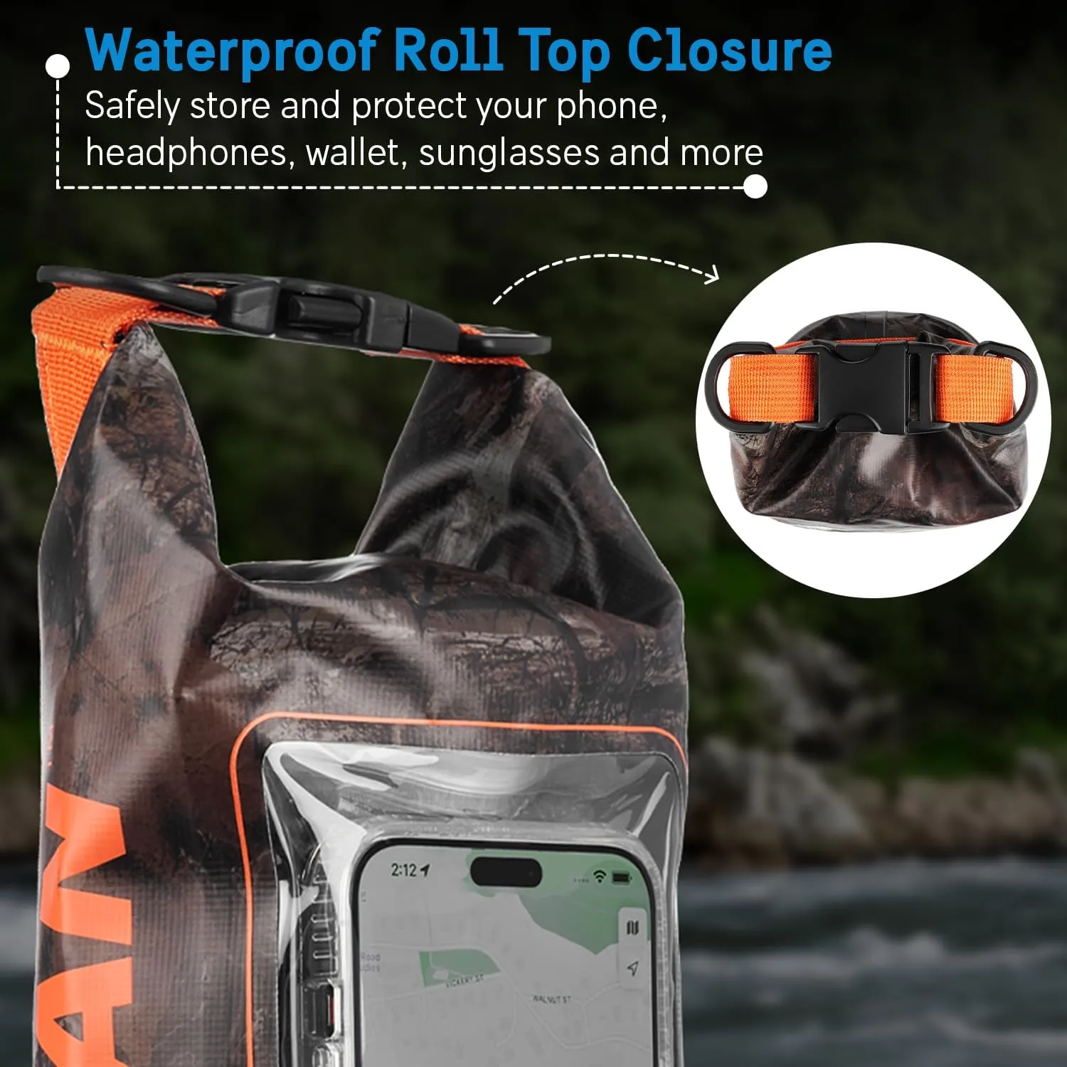 Pelican Marine IP68 Waterproof Dry Bag 2L - Roll Top Waterproof Backpack w/Phone Case/Pouch - Boating & Kayak Accessories - Essentials for Camping Swimming Beach Fishing Rafting Travel - Hunter Camo