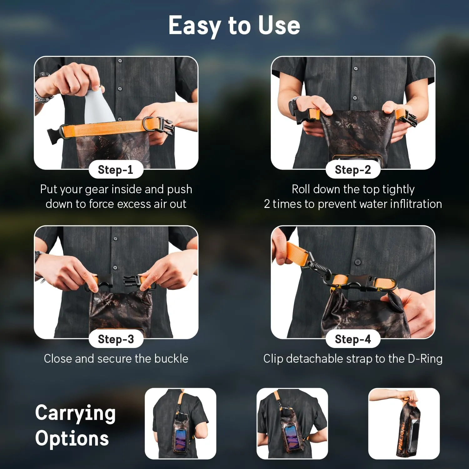 Pelican Marine IP68 Waterproof Dry Bag 2L - Roll Top Waterproof Backpack w/Phone Case/Pouch - Boating & Kayak Accessories - Essentials for Camping Swimming Beach Fishing Rafting Travel - Hunter Camo