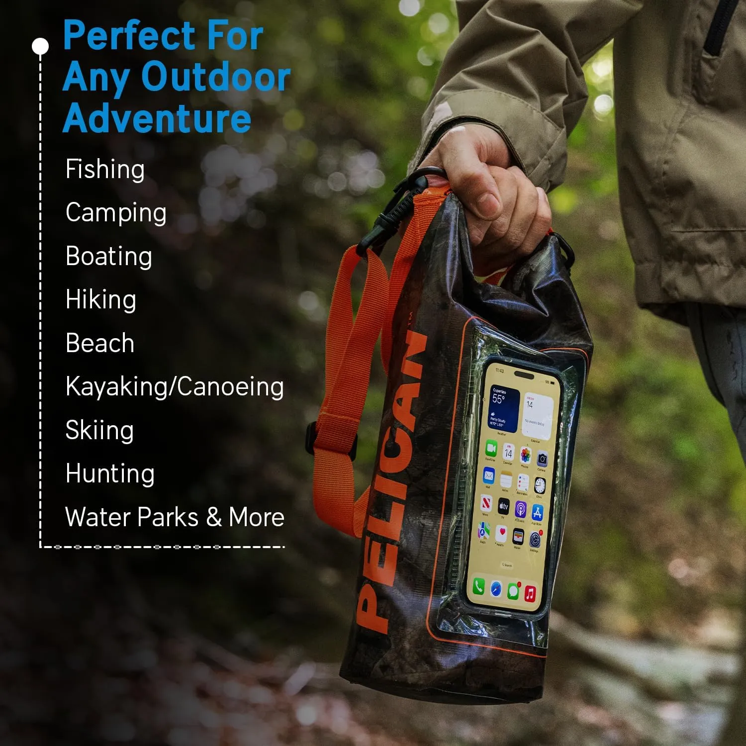 Pelican Marine IP68 Waterproof Dry Bag 2L - Roll Top Waterproof Backpack w/Phone Case/Pouch - Boating & Kayak Accessories - Essentials for Camping Swimming Beach Fishing Rafting Travel - Hunter Camo