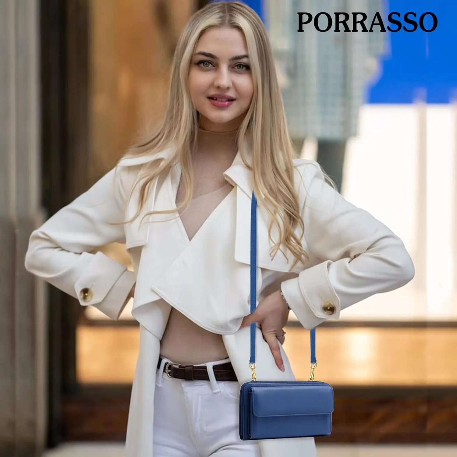 PORRASSO Touch Screen Crossbody Phone Bag Fashion Wallet Women's Shoulder Bag Clutch RFID Blocking Purse PU Wallet for Party Wedding Travelling Blue